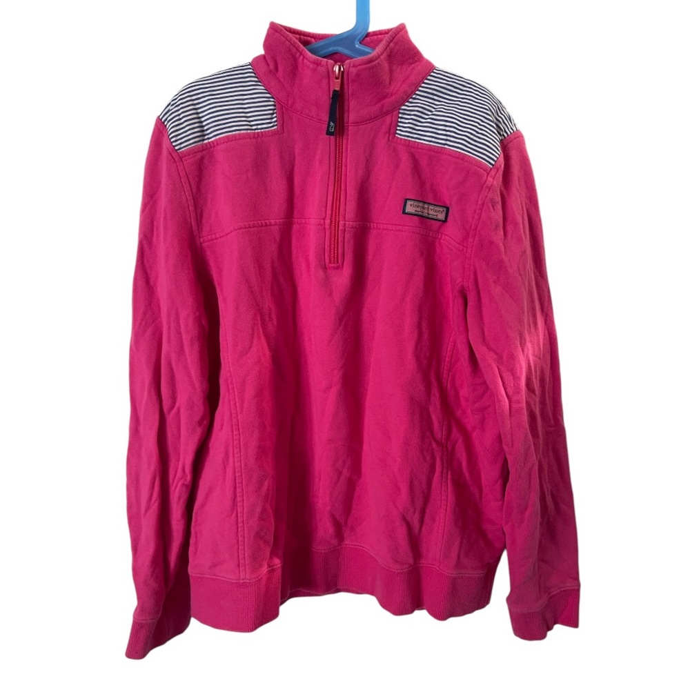 Vineyard Vines Pink‎ Shep Shirt Sweatshirt w Blue Seersucker Stripe Trim Medium